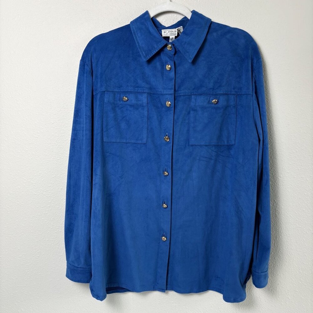 St John Sport Marie Gray Faux‎ Suede Shirt Jacket Size M Royal Blue Gold Buttons